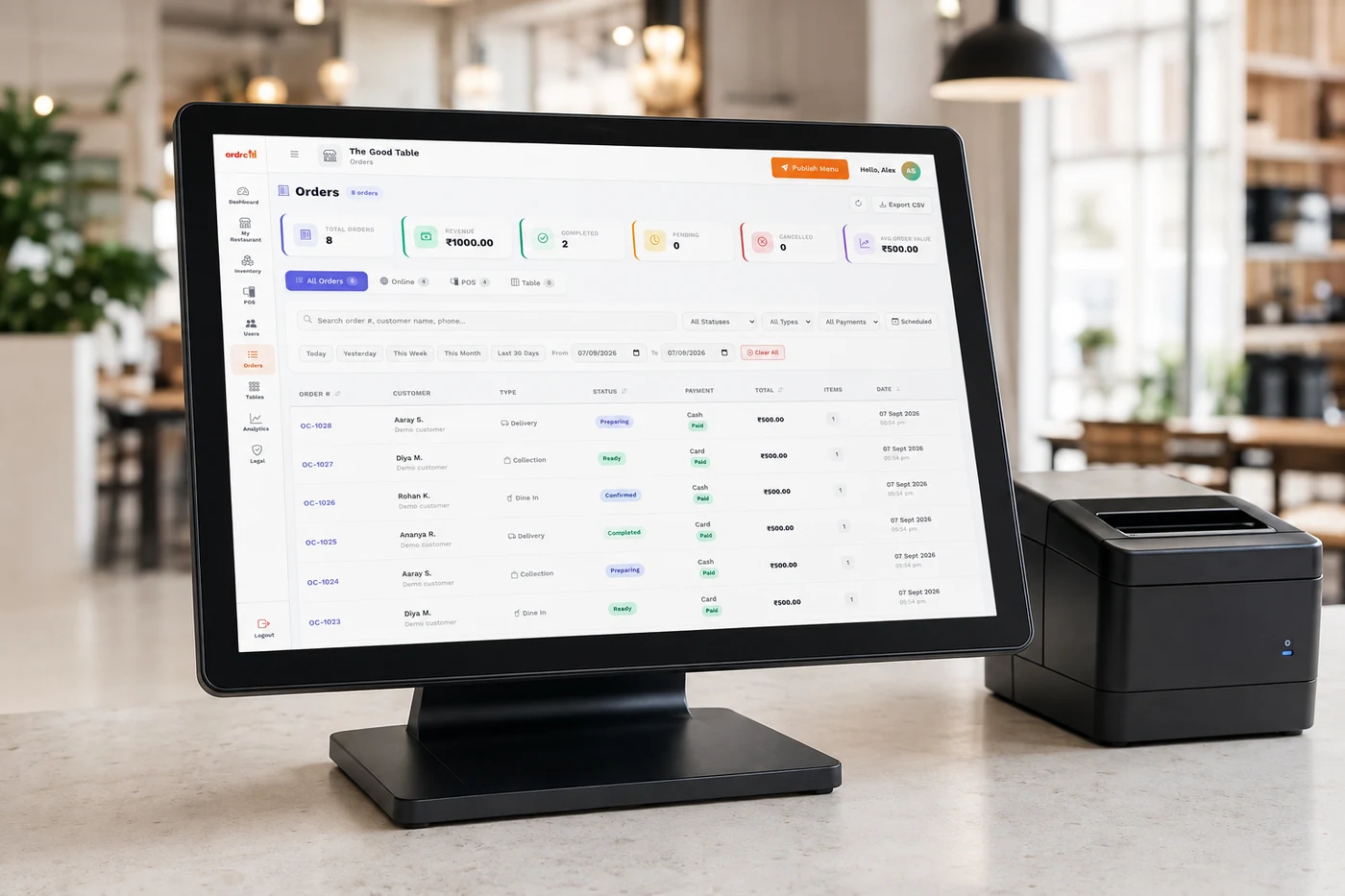 OrdrCiti order interface presented on a touchscreen EPOS terminal in a restaurant