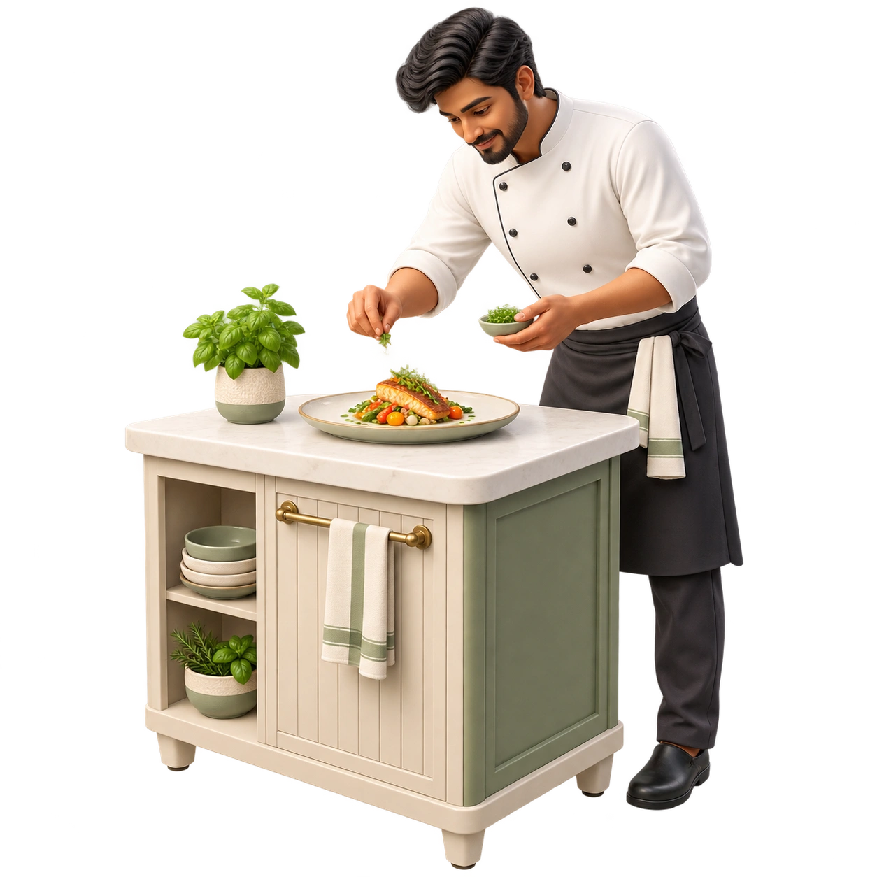 Illustrated chef preparing a meal at the kitchen counter