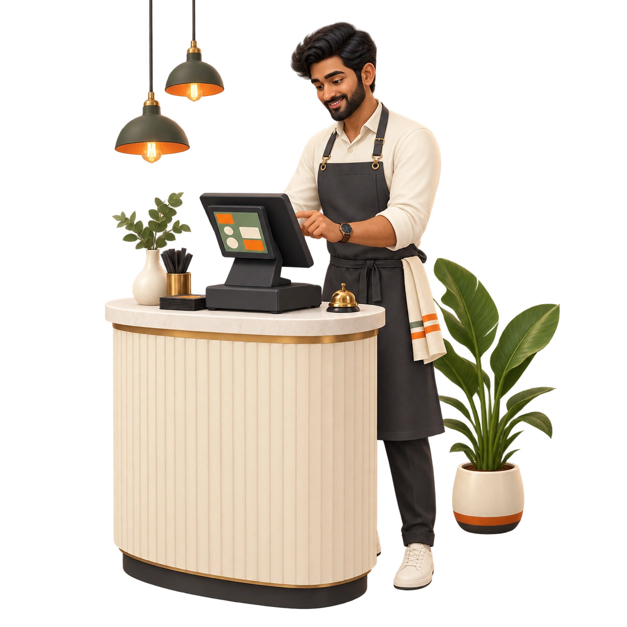 Illustrated restaurant owner taking an order at the EPOS counter