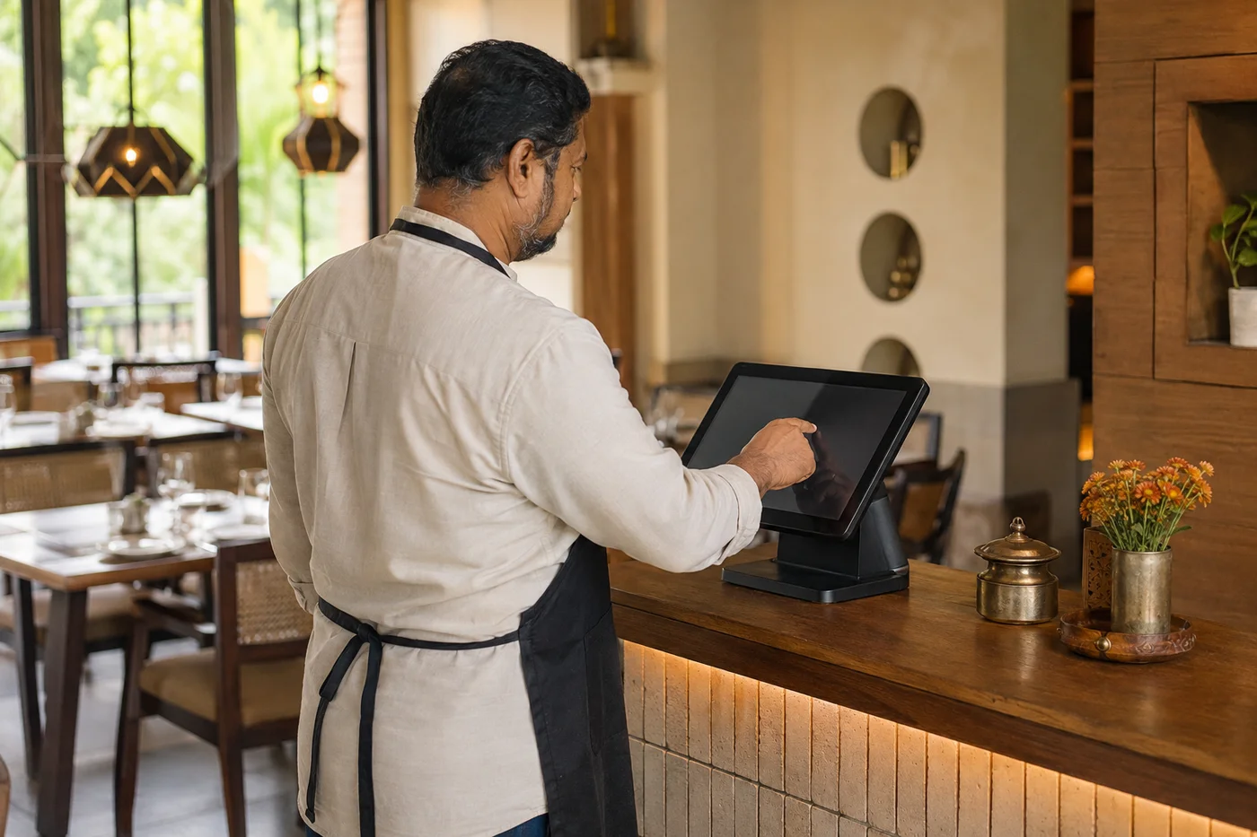 Restaurant owner preparing for service at a wood counter